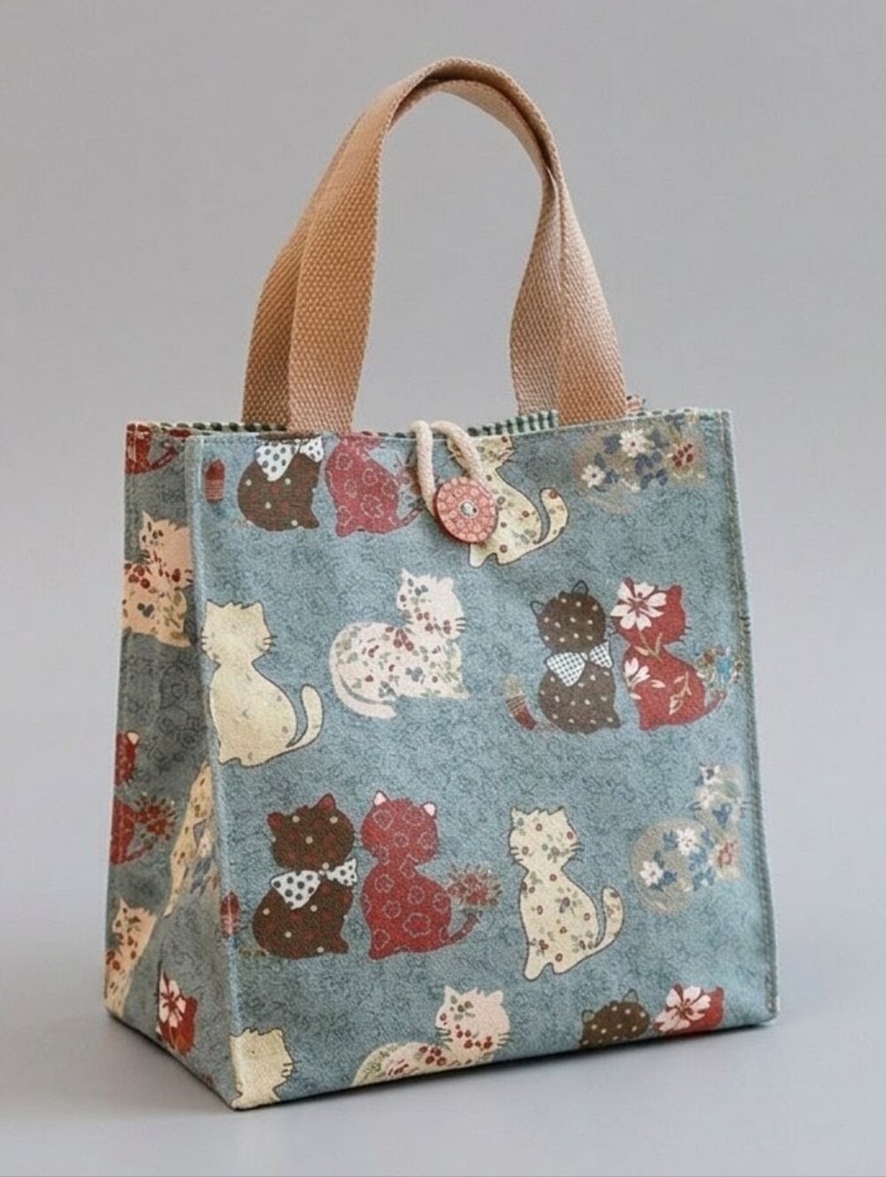 Blue Floral Cat Print Canvas Mini Tote Bag Lunch Bag Handbag Cottagecore NWT!